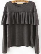 Romwe Long Sleeve Ruffle Detail Grey T-shirt