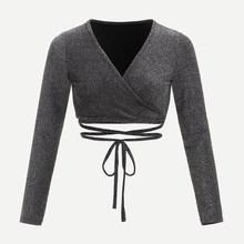 Romwe Criss Cross Knot Hem Glitter Tee