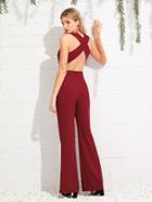 Romwe Crisscross Open Back Back Plunging Jumpsuit