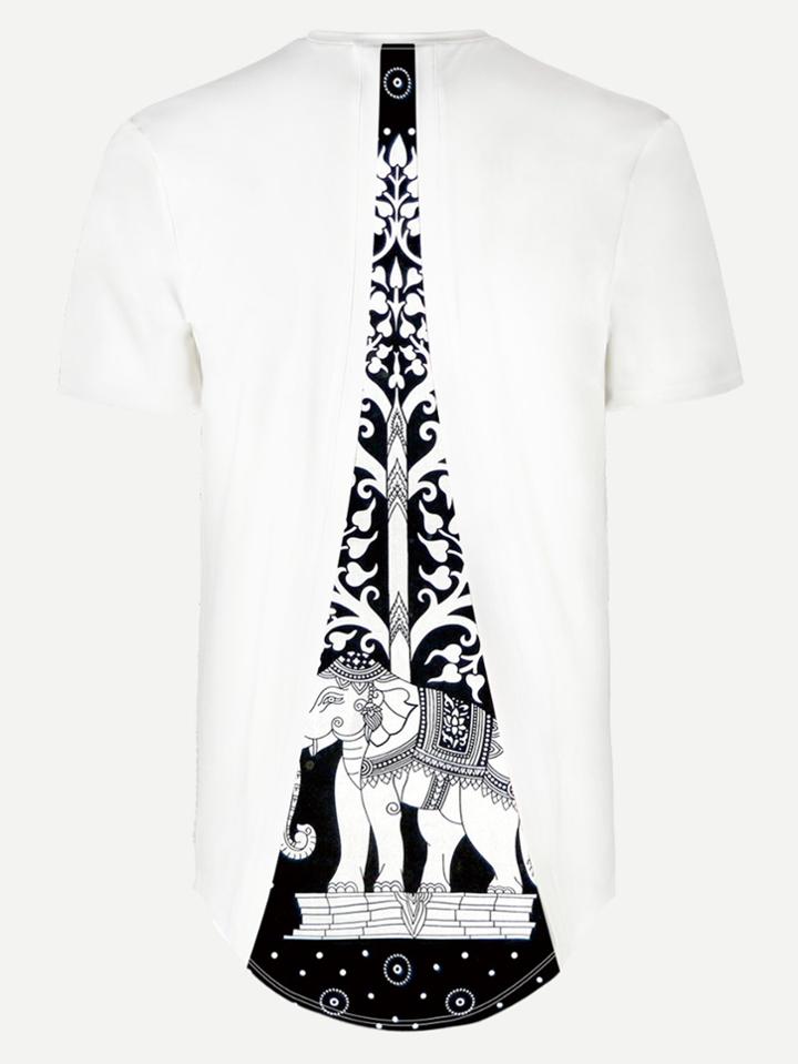 Romwe Ornate Elephant Print High Low Tee
