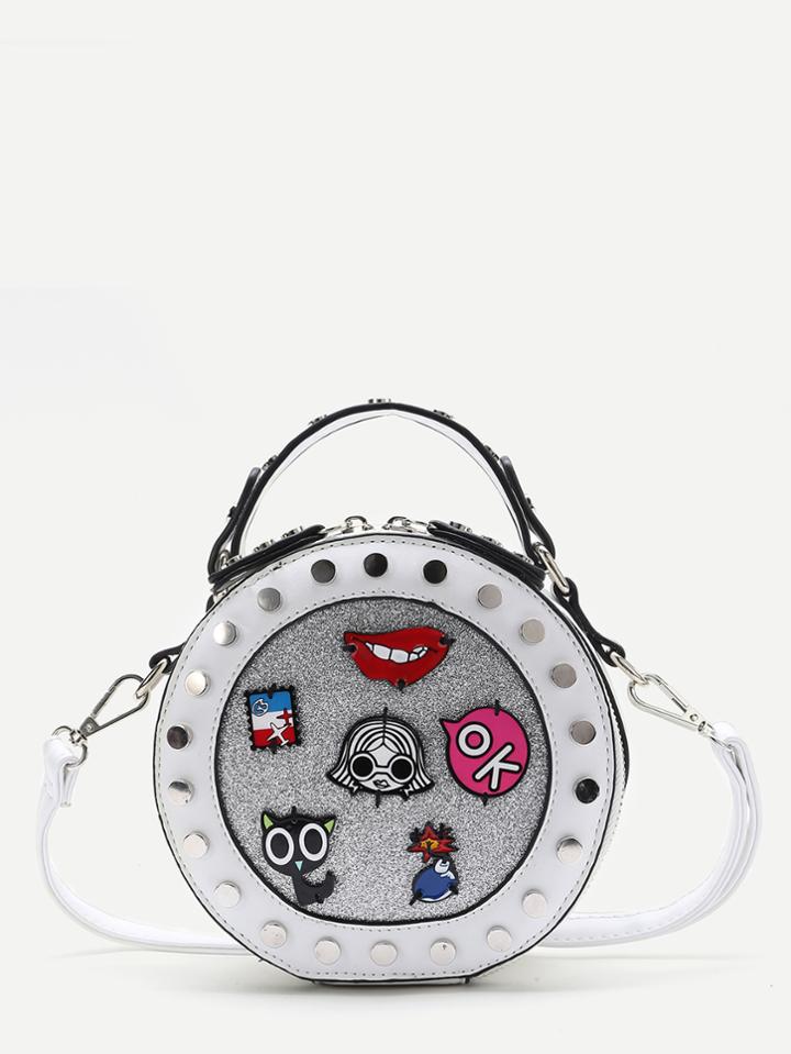 Romwe White Studded Trim Patch Detail Crossbody Bag