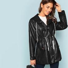 Romwe Drawstring Waist Button & Pocket Front Coat