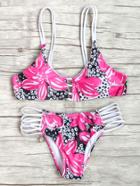 Romwe Red Floral Print Ladder Cutout Bikini Set