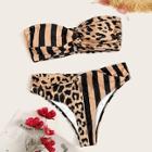 Romwe Striped & Leopard Print Twist Bandeau Bikini Set