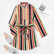 Romwe Striped Self Tie Waist Dress