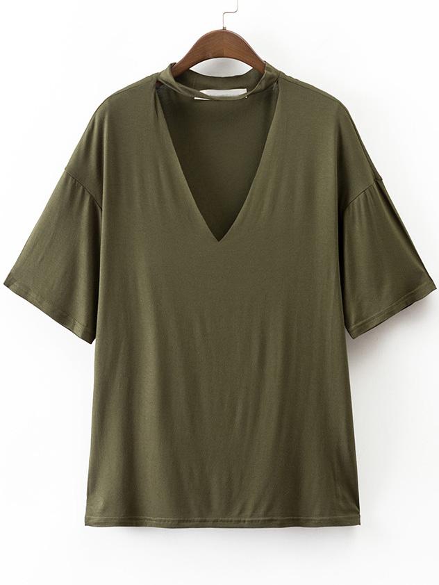 Romwe Army Green Choker V Neck Casual T-shirt