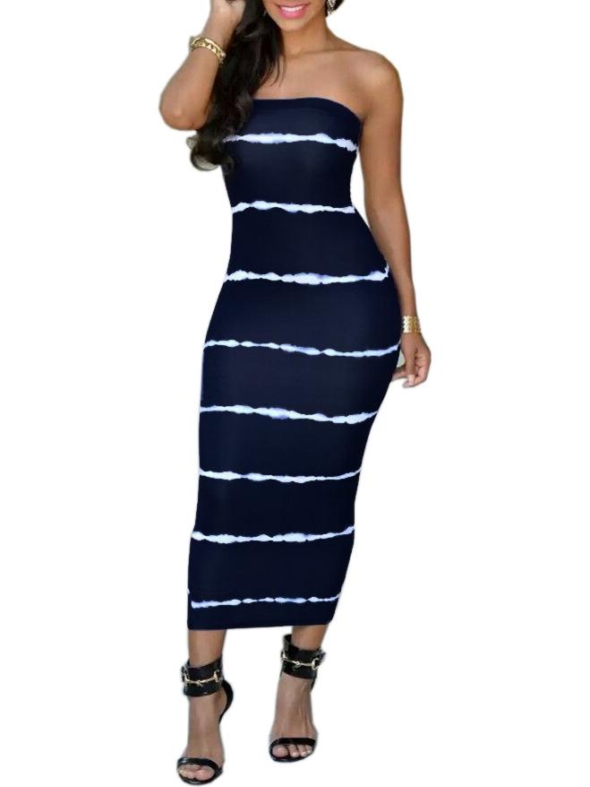 Romwe Navy Print Fitted Tube Dress
