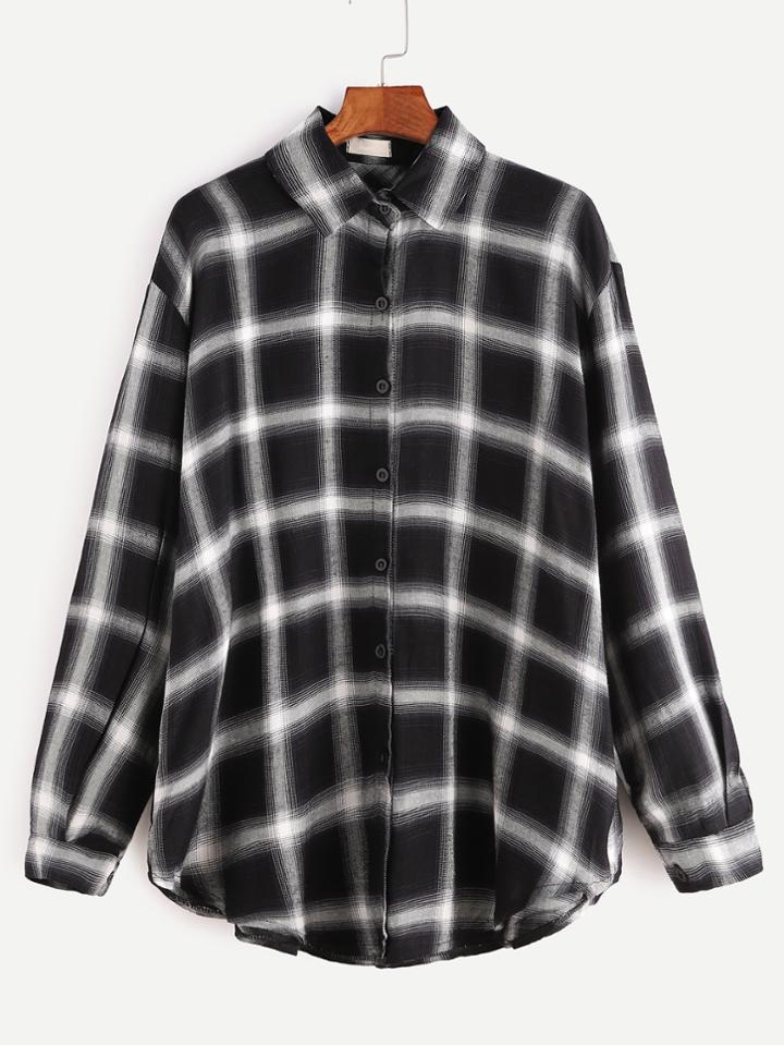 Romwe Black And White Grid Button Shirt