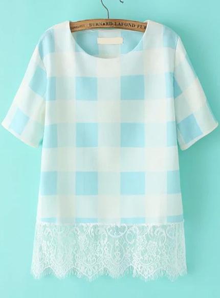 Romwe Contrast Lace Hem Plaid Blue T-shirt