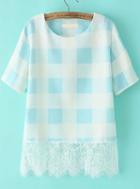 Romwe Contrast Lace Hem Plaid Blue T-shirt