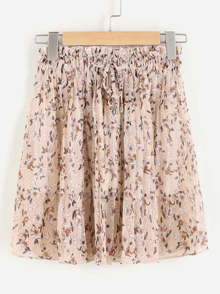 Romwe Ditsy Print Random Drawstring Waist Chiffon Skirt