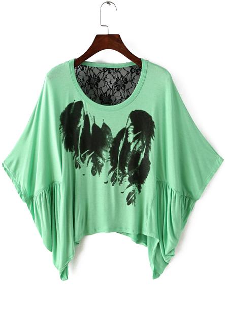 Romwe Ink Print Back Lace Insert Green T-shirt