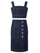 Romwe Black Buttons Front Denim Pencil Skirt With Crop Strap