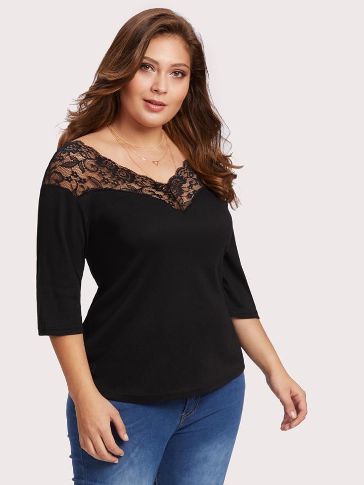 Romwe V Neckline Lace Panel Tee