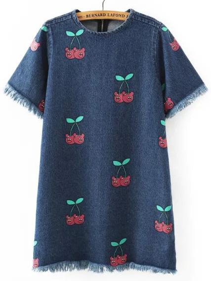 Romwe Cherry Print Frayed Denim Dress