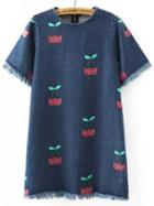 Romwe Cherry Print Frayed Denim Dress