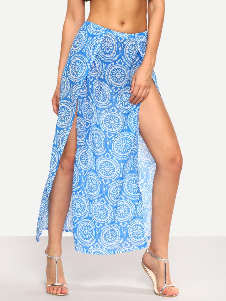 Romwe Tribal Circle Print High-slit Skirt - Blue