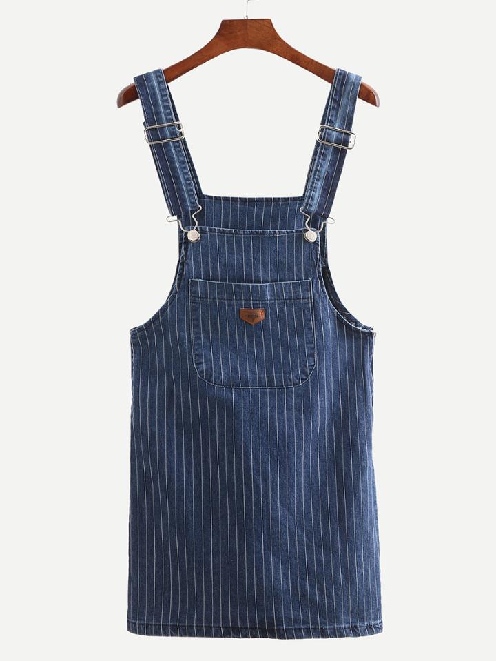 Romwe Straps Vertical Striped Denim Dress With Pockets