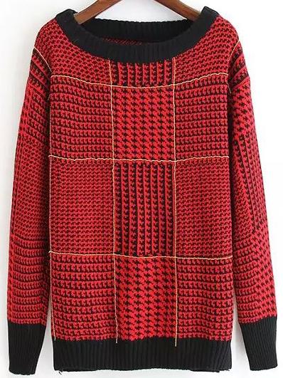Romwe Long Sleeve Plaid Red Sweater