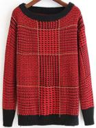Romwe Long Sleeve Plaid Red Sweater