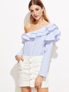 Romwe Blue Vertical Striped One Shoulder Ruffle Trim Top