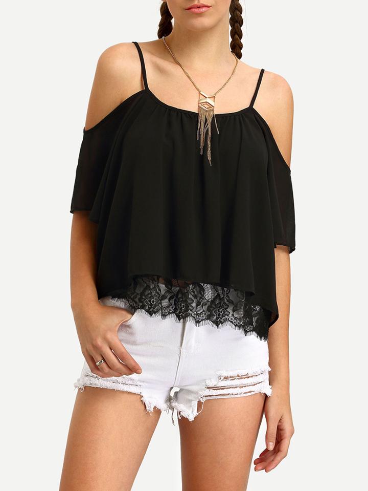 Romwe Black Cold Shoulder Lace Insert Shirt