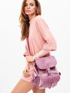 Romwe Pink Pu And Velvet Flap Pocket Drawstring Backpack