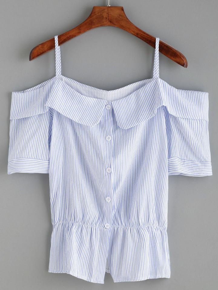 Romwe Blue Vertical Striped Cold Shoulder Peplum Top