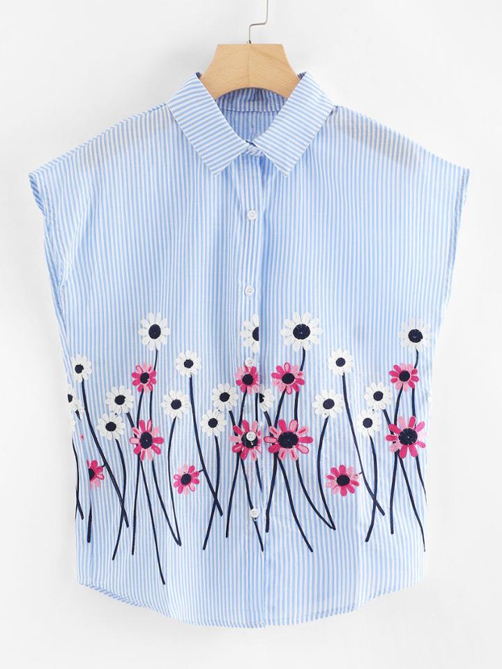 Romwe Floral Embroidered Striped Top
