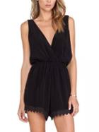 Romwe Deep V Neck Lace Insert Black Jumpsuit