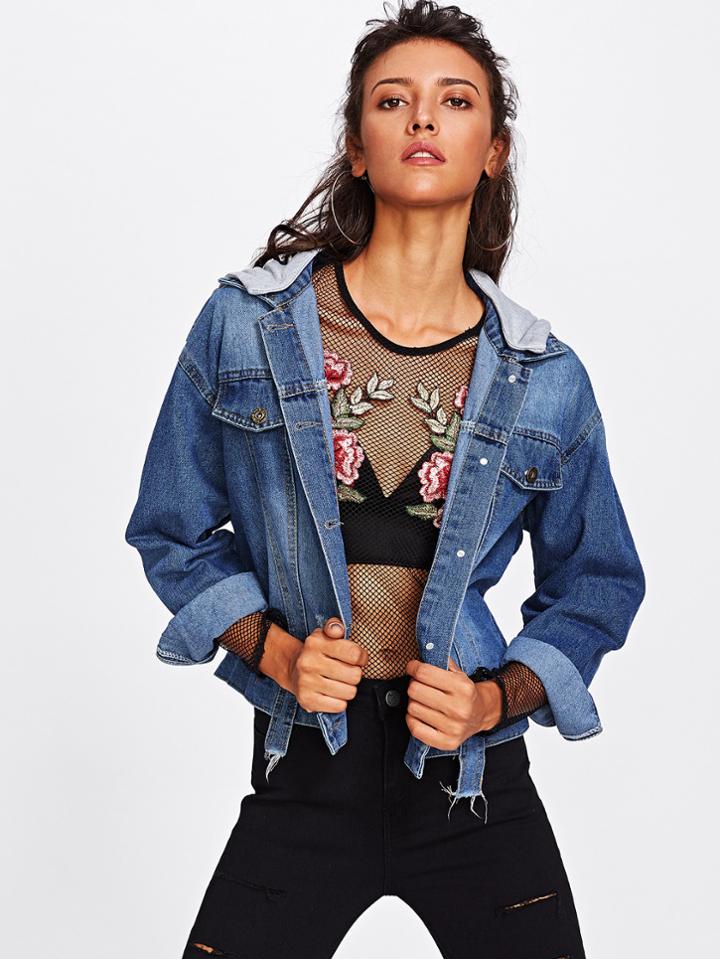 Romwe Patch Back Frayed Hooded Denim Jacket
