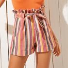 Romwe Striped Belted Paperbag Shorts