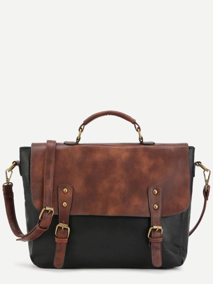 Romwe Color Block Pu Studded Satchel Bag