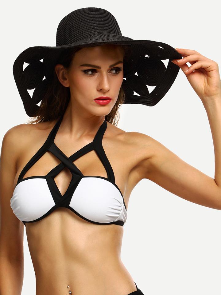 Romwe Black Collapsible Hollow Large Brimmed Straw Hat