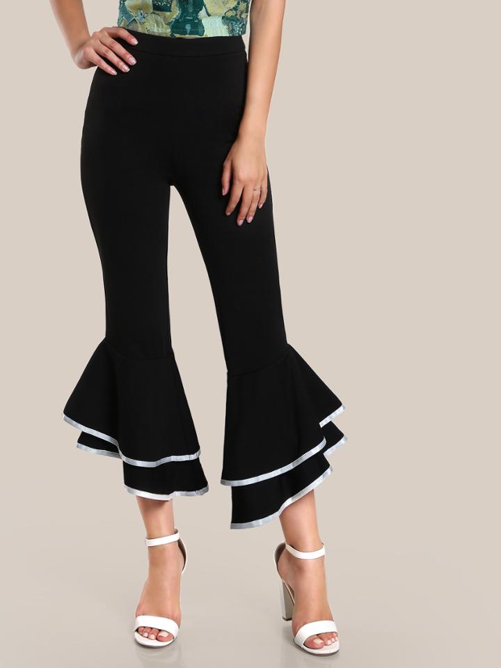 Romwe Contrast Binding Layered Ruffle Pants