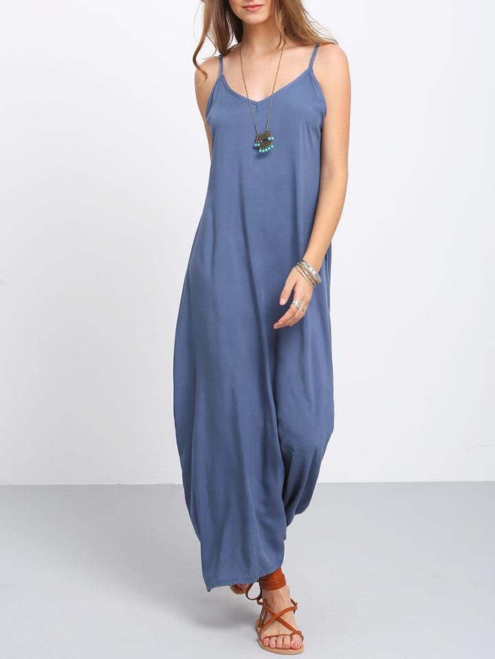 Romwe Navy Spaghetti Strap Maxi Dress With Pockets