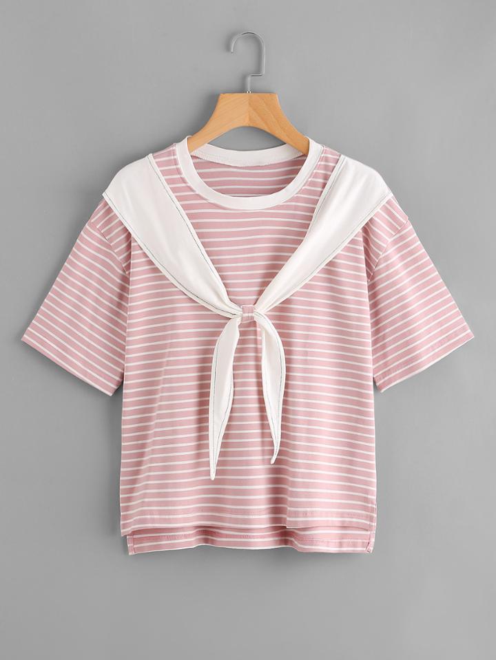 Romwe Tie Front Stepped Hem Sailor T-shirt