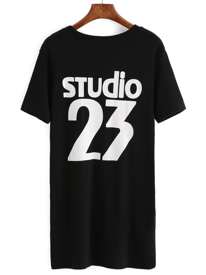 Romwe Dip Hem Letter Print T-shirt