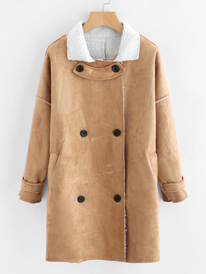 Romwe Drop Shoulder Double Breasted Sherpa Coat