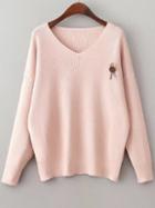 Romwe Pink V Neck Drop Shoulder Loose Sweater With Brooch