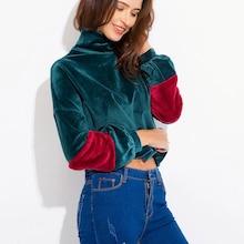 Romwe Velvet Color Block High Neck Sweatshirt