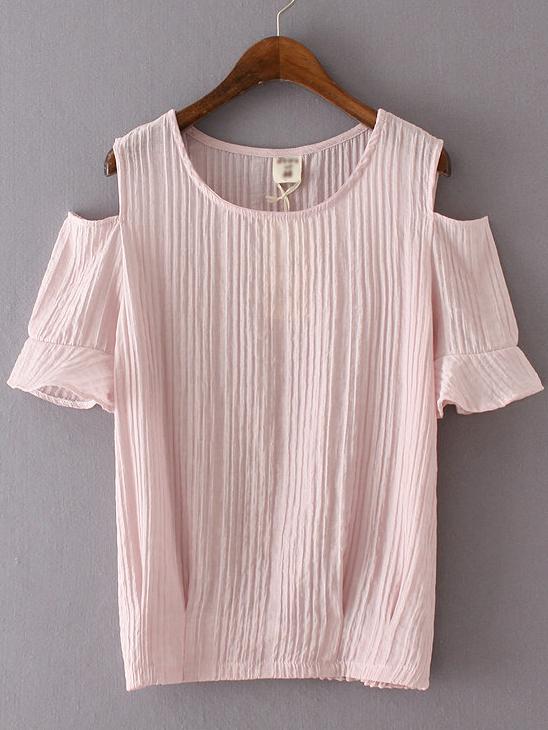 Romwe Pink Cold Shoulder Slim Blouse