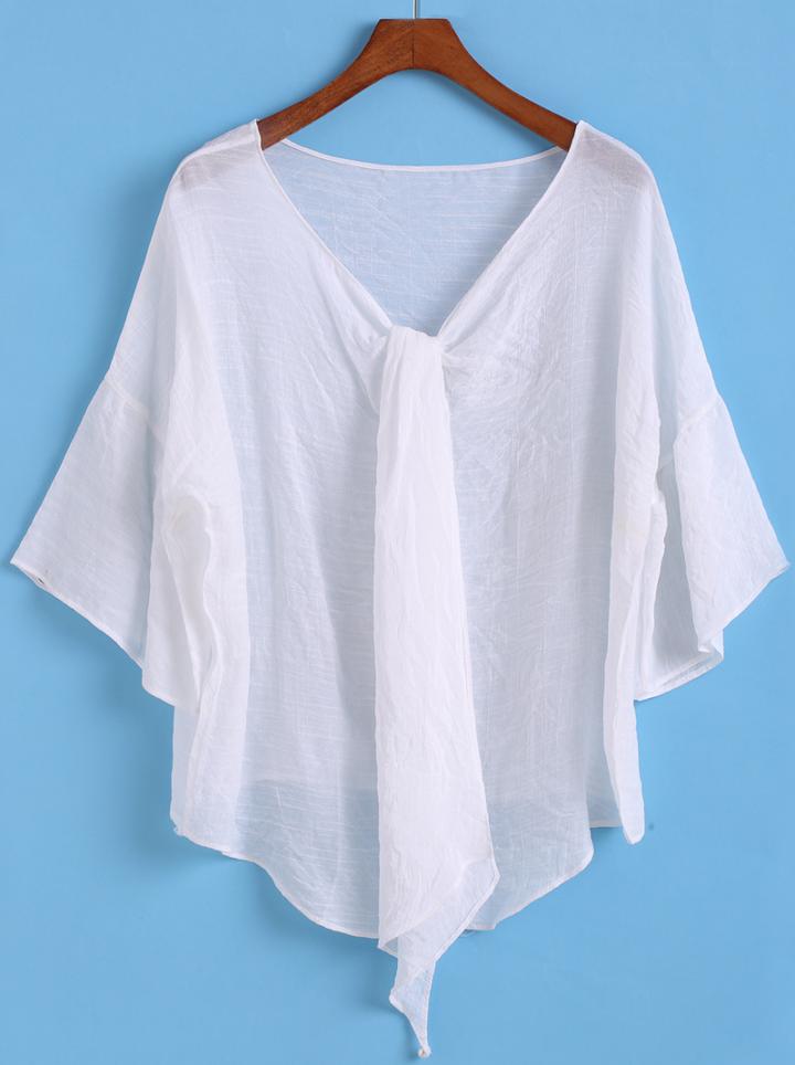 Romwe Dip Hem V Neck Loose White Top
