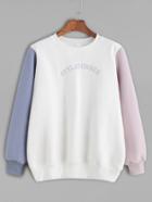 Romwe White Contrast Sleeve Letter Embroidery Sweatshirt