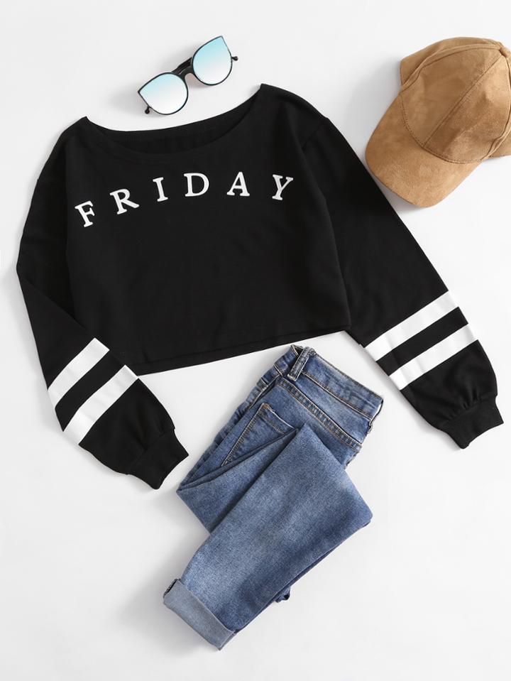 Romwe Varsity Print Crop Sweatshirt