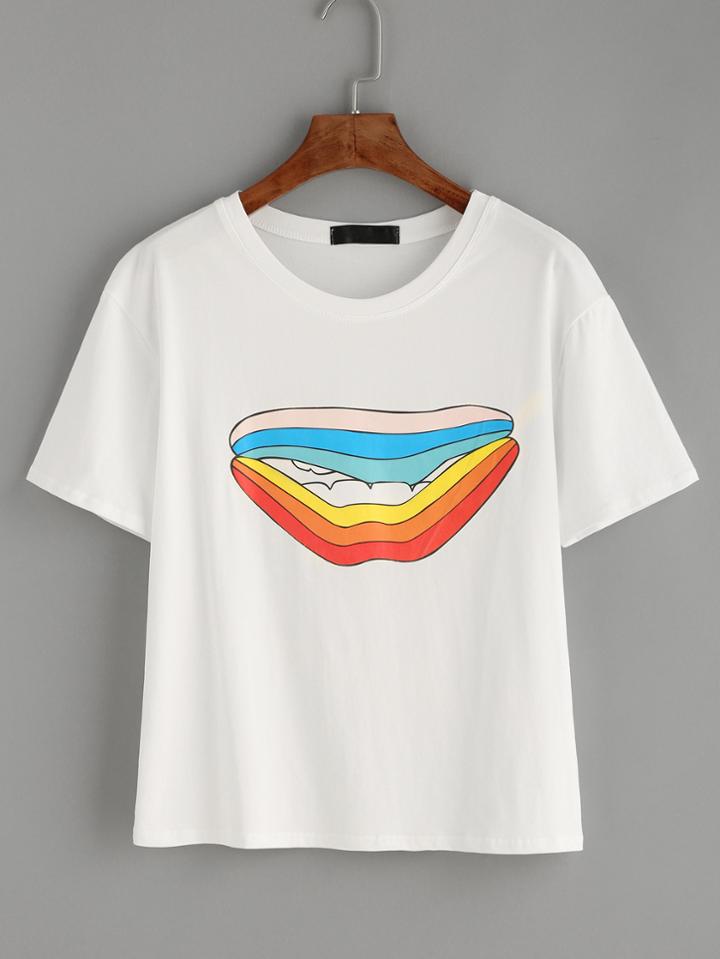 Romwe White Rainbow Lip Print T-shirt