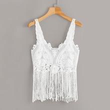 Romwe Fringe Trim Crochet Cover Up Top