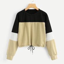 Romwe Color Block Drawstring Hem Sweatshirt