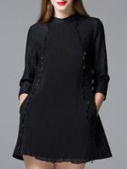 Romwe Black Pleated Beading Jacquard Pockets Dress