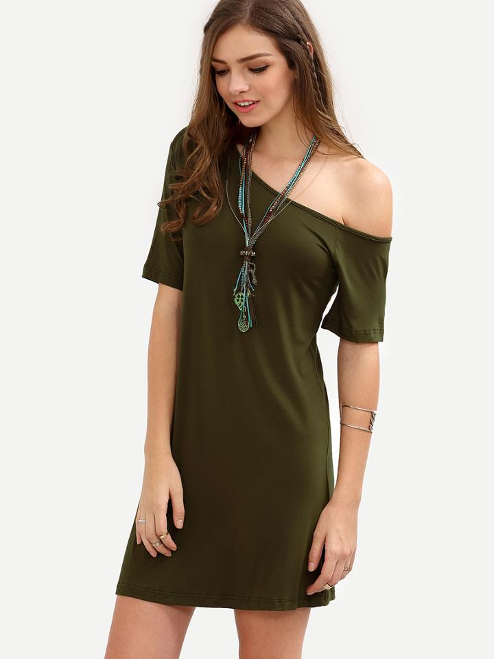 Romwe Army Green One Shoulder Short Sleeve Dress